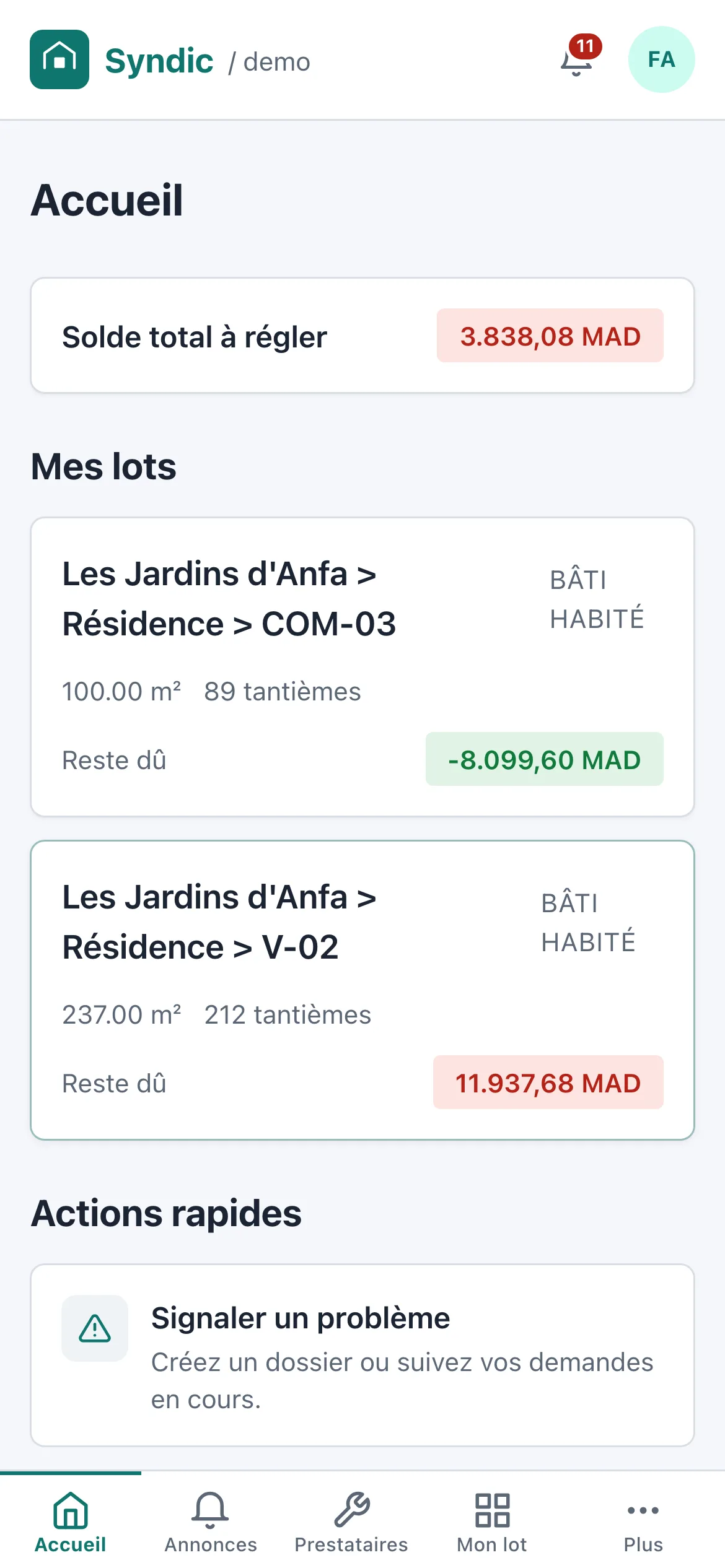 Application mobile de l'espace copropriétaire : solde, appels de fonds et annonces sur téléphone