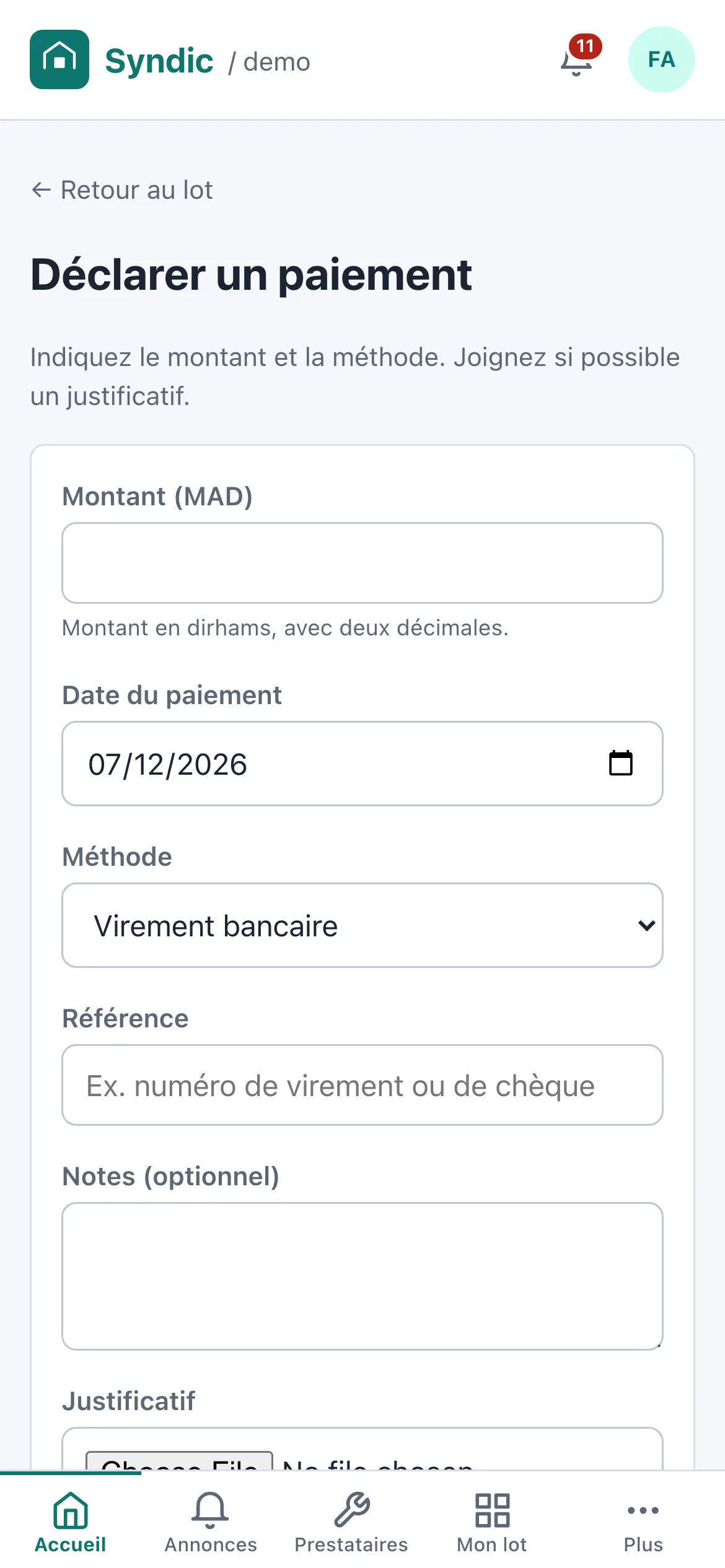 Portail copropriétaire sur mobile : déclaration d'un paiement de charges de copropriété avec justificatif